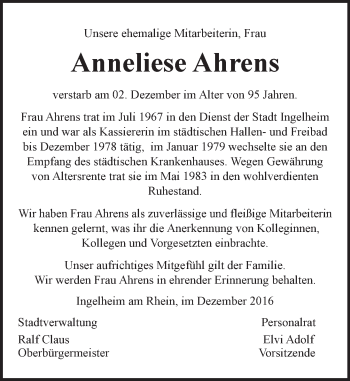Traueranzeige von Anneliese Ahrens von Trauerportal Rhein Main Presse