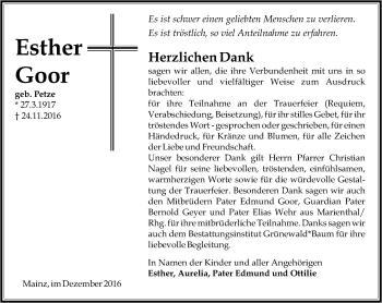 Traueranzeige von Esther Goor von Trauerportal Rhein Main Presse