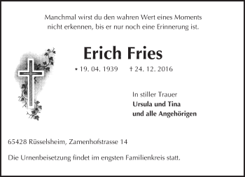 Traueranzeige von Erich Fries von Trauerportal Rhein Main Presse