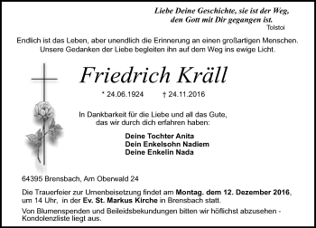 Traueranzeige von Friedrich Kräll von Trauerportal Echo Online