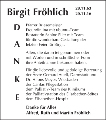 Traueranzeige von Birgit Fröhlich von Trauerportal Echo Online