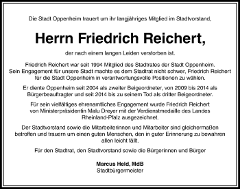 Traueranzeige von Friedrich Reichert von Trauerportal Rhein Main Presse