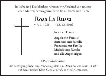 Traueranzeige von Rosa La Russa von Trauerportal Echo Online