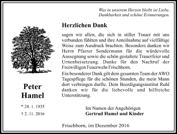 Traueranzeige von Peter Hamel von VRM Trauer