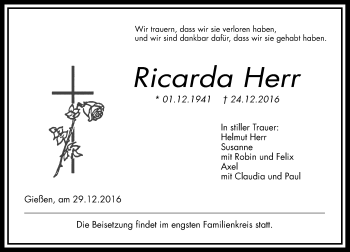 Traueranzeige von Ricarda Herr von  Gießener Anzeiger