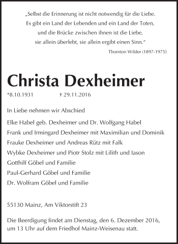 Traueranzeige von Christa Dexheimer von Trauerportal Rhein Main Presse