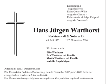 Traueranzeige von Hans Jürgen Warthorst von  Kreisanzeiger