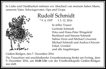 Traueranzeige von Rudolf Schmidt von  Gießener Anzeiger