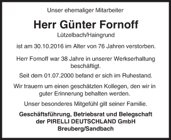 Traueranzeige von Günter Fornoff von Trauerportal Echo Online