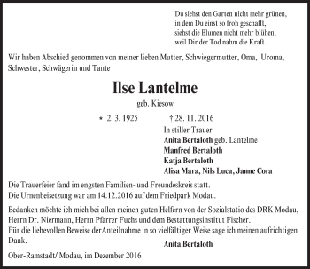 Traueranzeige von Ilse Lantelme von Trauerportal Echo Online