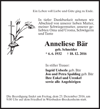 Traueranzeige von Anneliese Bär von Trauerportal Rhein Main Presse