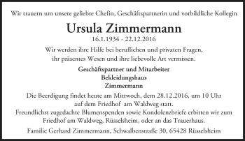 Traueranzeige von Ursula Zimmermann von Trauerportal Rhein Main Presse