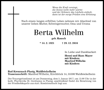 Traueranzeige von Berta Wilhelm von Trauerportal Rhein Main Presse