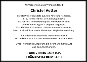Traueranzeige von Christel Vetter von Trauerportal Echo Online