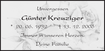 Traueranzeige von Günter Kreuziger von Trauerportal Echo Online