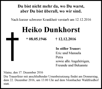 Traueranzeige von Heiko Dunkhorst von Trauerportal Rhein Main Presse