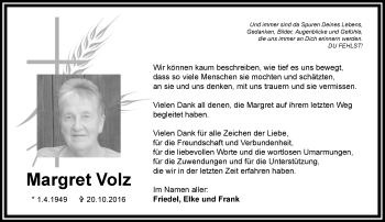 Traueranzeige von Margret Volz von Trauerportal Echo Online