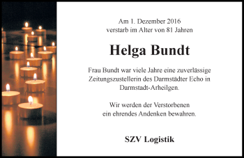 Traueranzeige von Helga Bundt von Trauerportal Echo Online