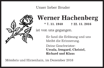Traueranzeige von Werner Hachenberg von  Kreisanzeiger