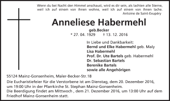 Traueranzeige von Anneliese Habermehl von Trauerportal Rhein Main Presse