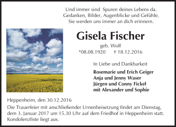 Traueranzeige von Gisela Fischer von Trauerportal Echo Online