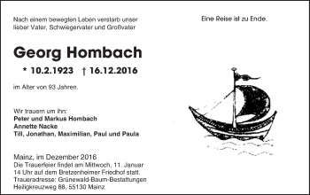 Traueranzeige von Georg Hombach von Trauerportal Rhein Main Presse