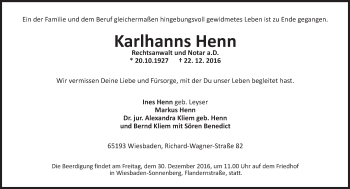 Traueranzeige von Karlhanns Henn von Trauerportal Rhein Main Presse