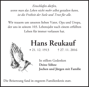Traueranzeige von Hans Reukauf von Trauerportal Echo Online