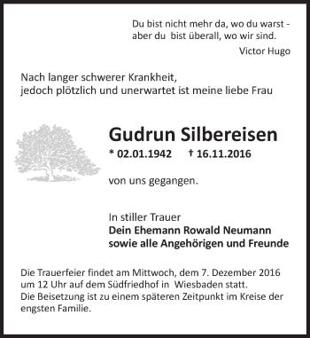 Traueranzeige von Gudrun Silbereisen von Trauerportal Rhein Main Presse Traueranzeige von Gudrun Silbereisen von Trauerportal Rhein Main Presse