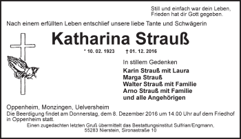 Traueranzeige von Katharina Strauß von Trauerportal Rhein Main Presse