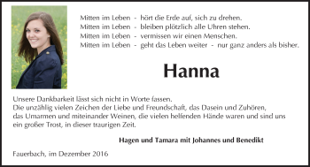 Traueranzeige von Hanna Schlitter von  Kreisanzeiger