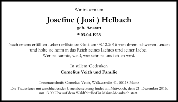 Traueranzeige von Josefine Helbach von Trauerportal Rhein Main Presse