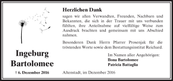 Traueranzeige von Ingeburg Bartolomee von  Kreisanzeiger