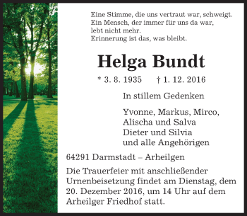 Traueranzeige von Helga Bundt von Trauerportal Echo Online