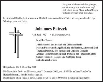 Traueranzeige von Johannes Patrzek von Trauerportal Echo Online