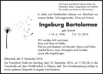 Traueranzeige von Ingeburg Bartolomee von  Kreisanzeiger