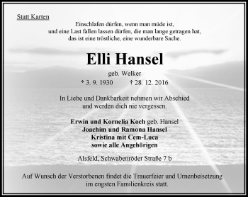 Traueranzeige von Elli Hansel von VRM Trauer
