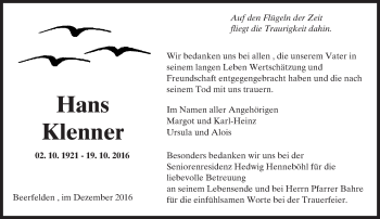 Traueranzeige von Hans Klenner von Trauerportal Echo Online