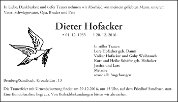 Traueranzeige von Dieter Hofacker von Trauerportal Echo Online