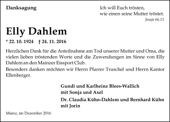 Traueranzeige von Elly Dahlem von Trauerportal Rhein Main Presse