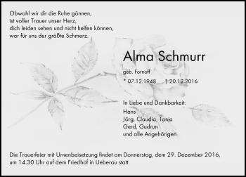 Traueranzeige von Alma Schmurr von Trauerportal Echo Online