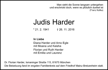 Traueranzeige von Judis Harder von Trauerportal Rhein Main Presse