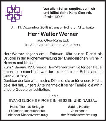 Traueranzeige von Walter Werner von Trauerportal Echo Online