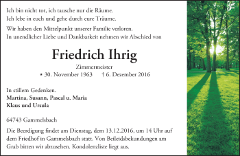 Traueranzeige von Friedrich Ihrig von Trauerportal Echo Online