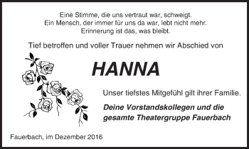 Traueranzeige von Hanna Schlitter von  Kreisanzeiger
