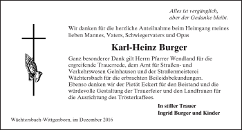 Traueranzeige von Karl-Heinz Burger von  Gelnhäuser Tageblatt