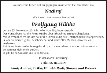 Traueranzeige von Wolfgang Hübbe von Trauerportal Echo Online
