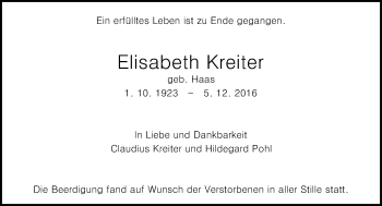 Traueranzeige von Elisabeth Kreiter von Trauerportal Echo Online