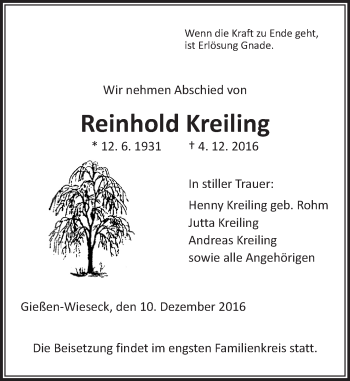 Traueranzeige von Reinhold Kreiling von  Gießener Anzeiger
