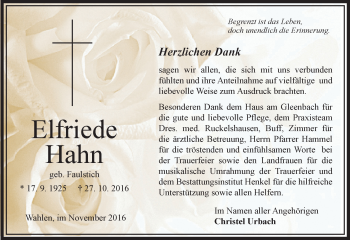 Traueranzeige von Elfriede Hahn von VRM Trauer